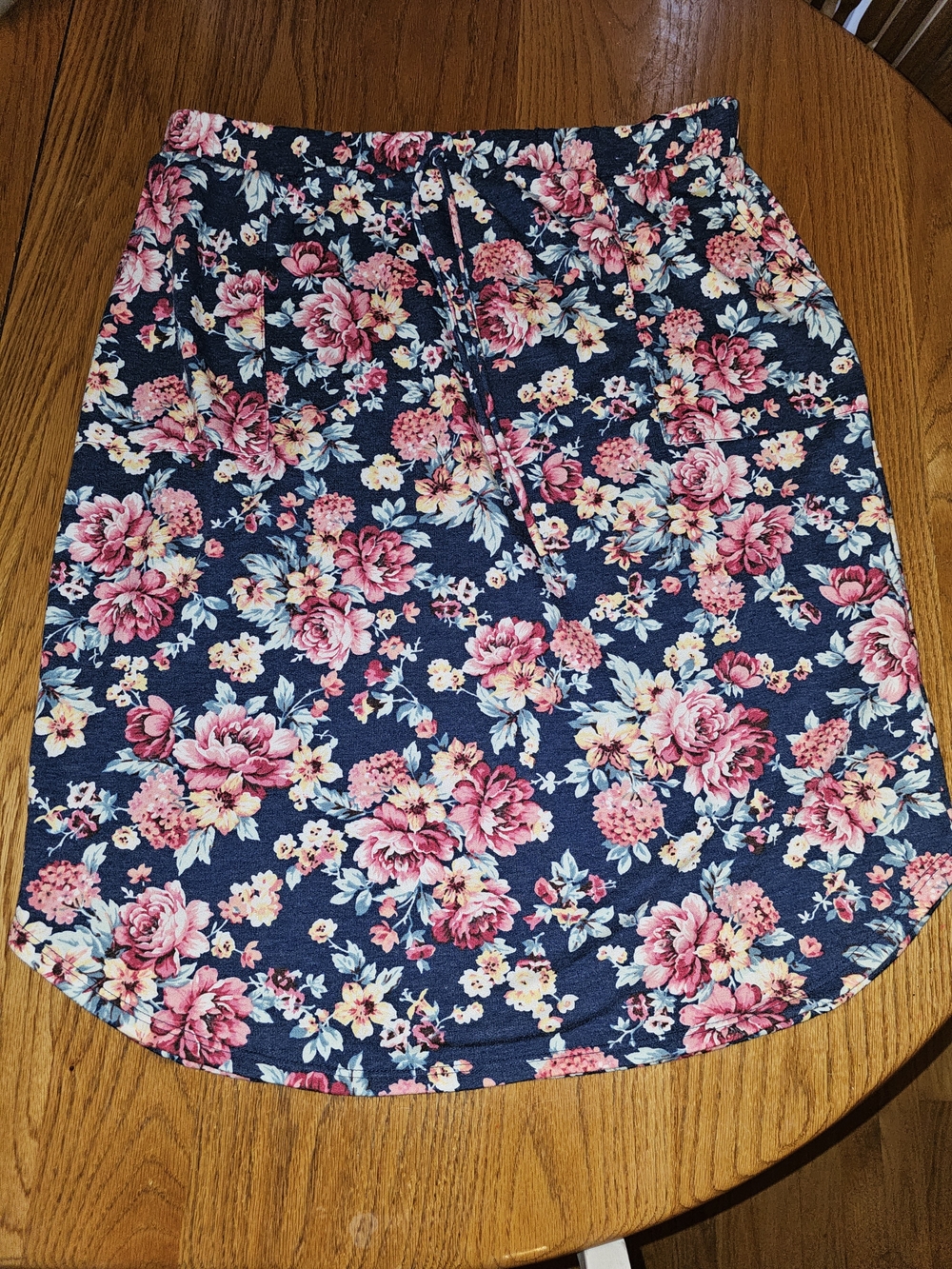 Modest Molly Navy Pink Floral Knit Skirt Elastic Drawstring Waist